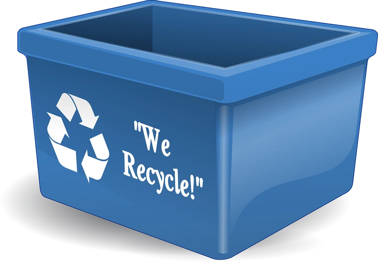 A blue recycling bin with the text "We Recycle!" and a white recycling symbol printed on its side.