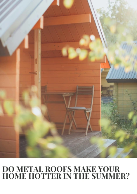 Small wooden cabin with a metal roof, surrounded by greenery, in a sunny outdoor setting.