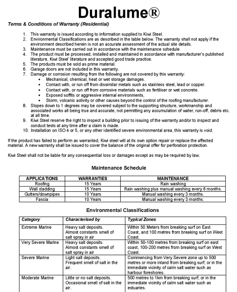 Cover page of Kiwi Steel Residential Warranty for Duralume® products, detailing warranty terms and conditions.