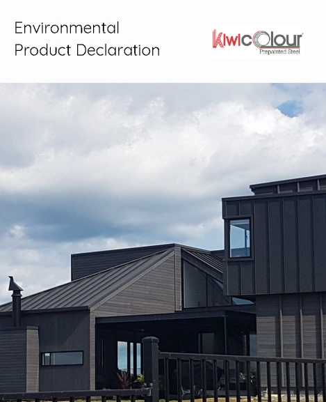 Cover page of KiwiColour Environmental Product Declaration Analysis, detailing sustainability metrics for pre-painted steel.