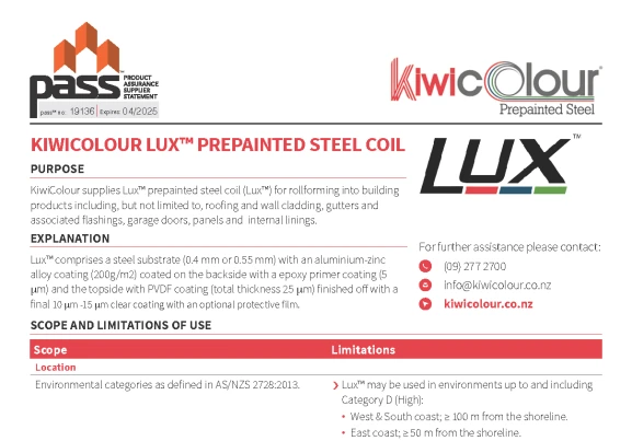 Cover page of the KiwiColour Lux™ Prepainted Steel Coil PASS™ certification document.