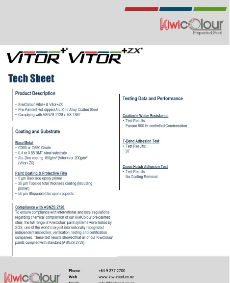 Cover page of KiwiColour Pre-Painted Steel Technical Sheet with product specifications and testing data.