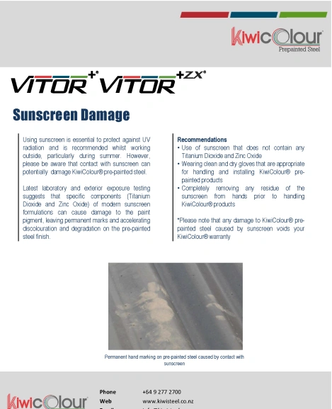 Cover page of KiwiColour Sunscreen Damage Guide showing recommendations for avoiding damage to pre-painted steel.