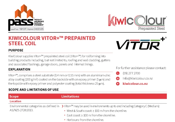 Cover page of the KiwiColour Vitor+™ Prepainted Steel Coil PASS™ certification document.