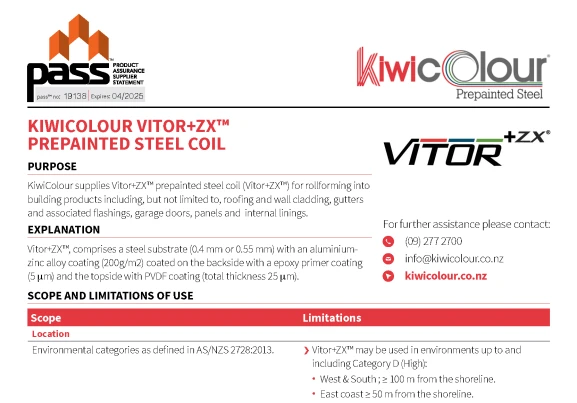 Cover page of the KiwiColour Vitor+ZX™ Prepainted Steel Coil PASS™ certification document.