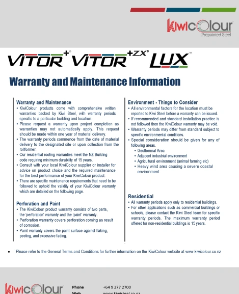 Cover page of KiwiColour Warranty and Maintenance Guide, detailing warranty terms for pre-painted steel.