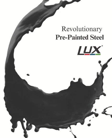 Cover page of the Lux Pre-Painted Steel brochure featuring innovative finishes and designs.