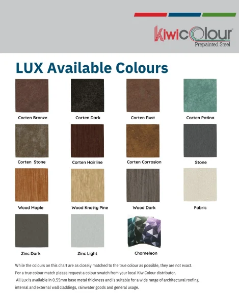 Lux Available Colours brochure cover displaying a variety of pre-painted steel finishes including Corten, Wood, Zinc, and Chameleon.