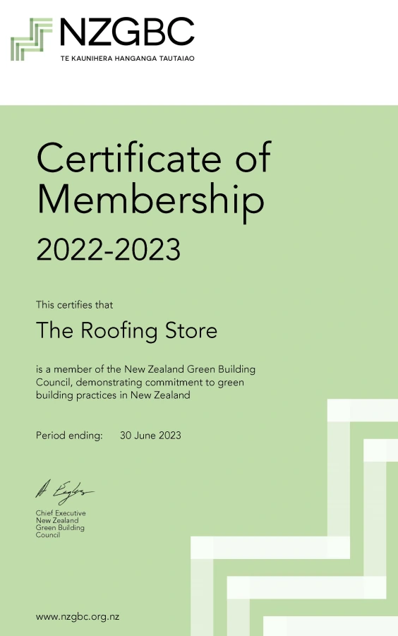 Certificate of Membership for The Roofing Store from the New Zealand Green Building Council, valid through June 2023.