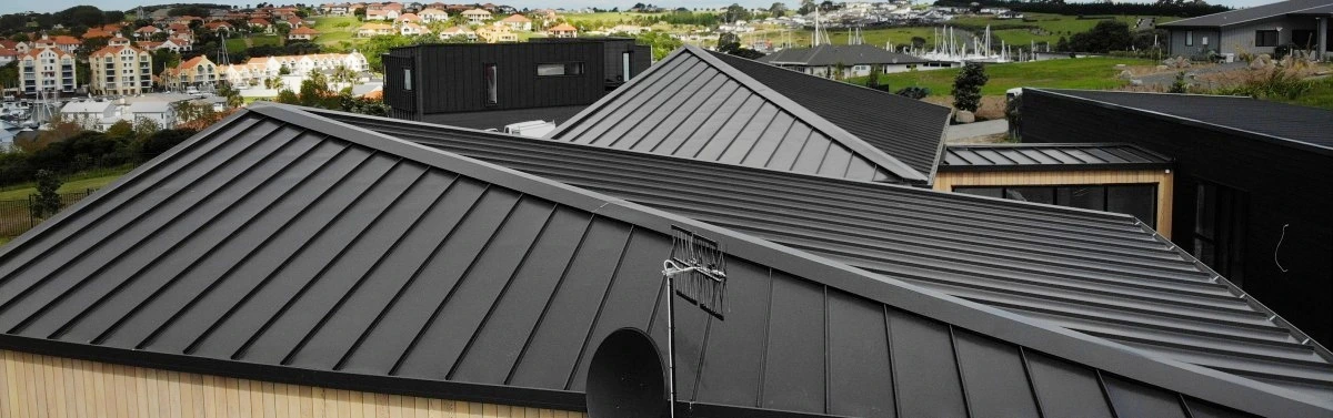 Residential homes with TRS Super Seam metal roofing in Raven colour, showcasing a sleek and modern design.