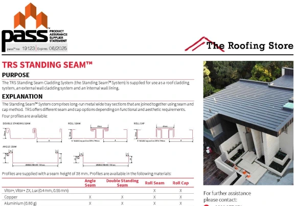 Cover page of the TRS Standing Seam Cladding System PASS™ certification document.