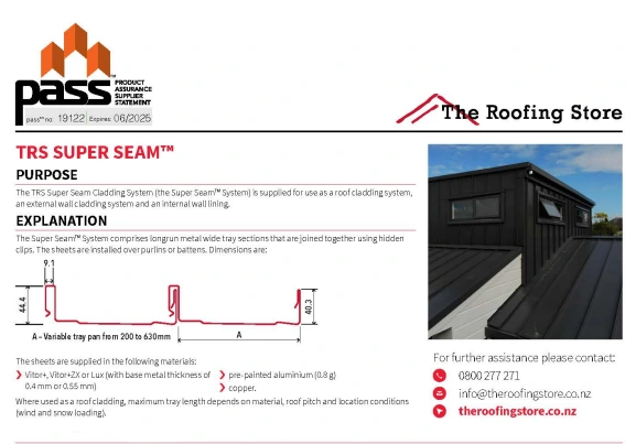 Cover page of TRS Super Seam Cladding System PASS™ certification document.