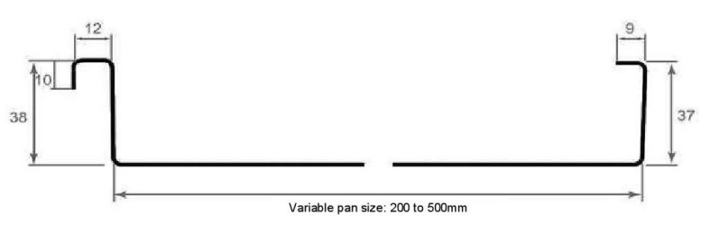 Diagram of an Angle Seam profile, a type of Standing Seam cladding, showing dimensions and variable pan size.