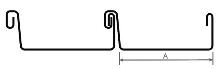 Diagram of a Double Standing Seam profile, a type of Standing Seam cladding, with dimensions and adjustable pan size.