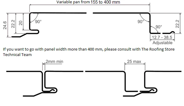 Diagram of the interlocking panel system with adjustable pan and joint dimensions.