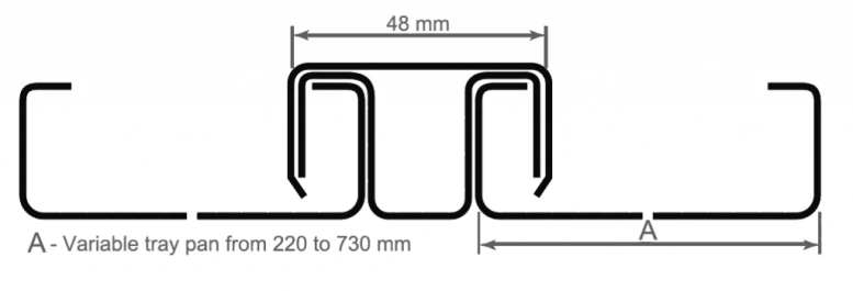 Diagram of a Roll Cap profile, a type of Standing Seam cladding, with dimensions and adjustable tray pan size.