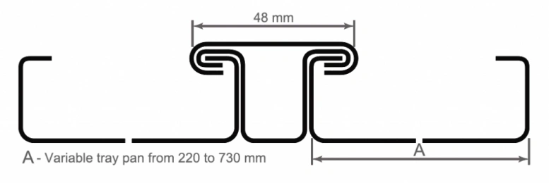 Diagram of a Roll Seam profile, a type of Standing Seam cladding, featuring dimensions and variable tray pan size.