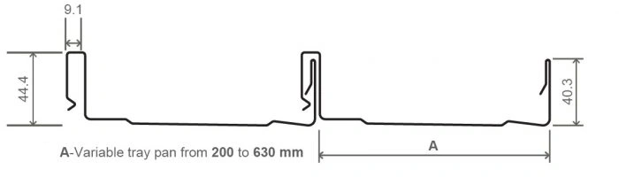 Diagram of TRS Super Seam roofing profile showing dimensions and variable tray pan width from 200 to 630 mm.