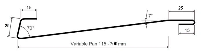 Diagram showing the cross-sectional profile of the TRS Weather Board, including dimensions and angles for architectural steel cladding.